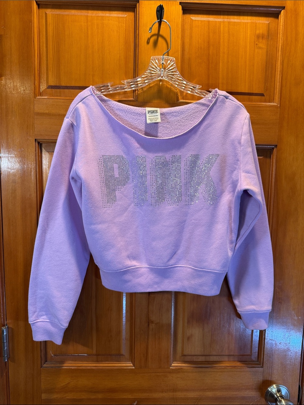 PINK Victoria's Secret Women's Lilac Cropped Sweatshirt with Rhinestone Logo XS